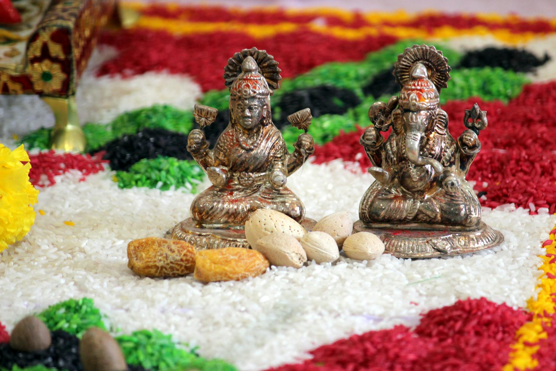 colorful festival decorations with hindu deities